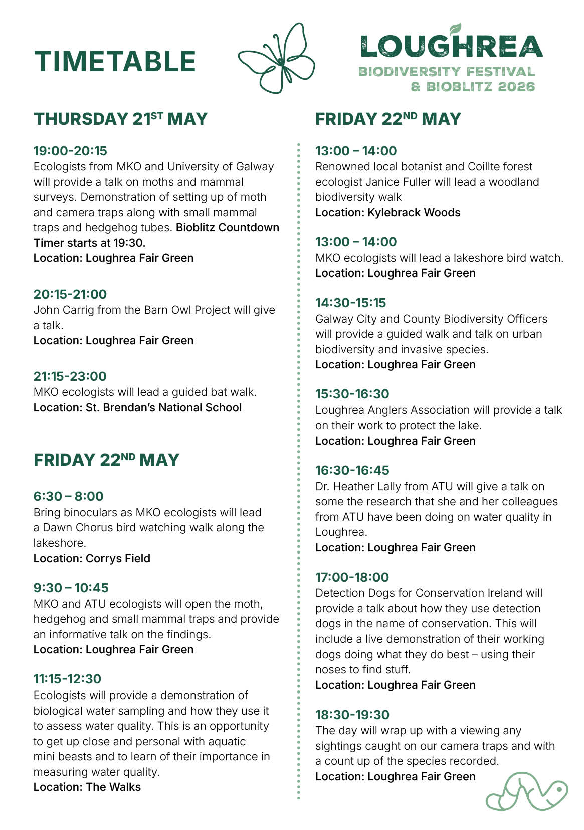 Loughrea BioBlitz timetable
